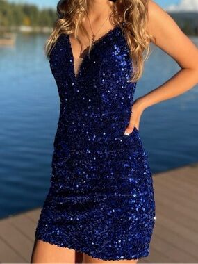 Sequined Royal Blue Mini Dress with Spaghetti Straps